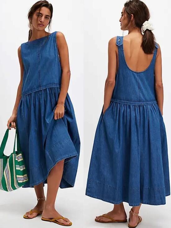 Free People Dresses & Skirts - Free People Retro 90s Soraya Light Denim Sky Drop Waist Midi Jumper Dress Medium